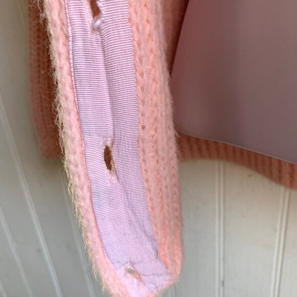 Vintage Pink Chunky Knit Ribbed Sailor Fringed Collar Cardigan Pearl Buttons - M - Picture 13 of 15